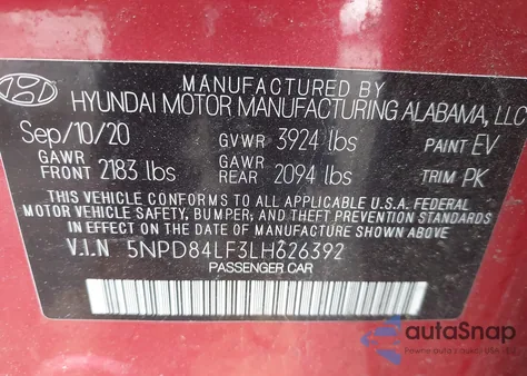 2020 Hyundai Elantra Sel из США, поврежденный, VIN 5NPD84LF3LH626392